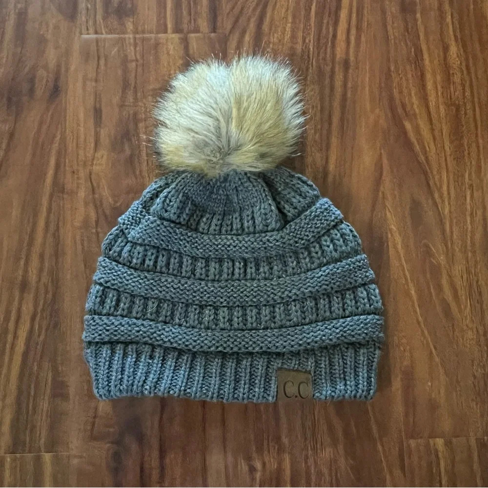 CC Grey Cable Knit Faux Fur Pom Beanie with Tan Pom Pom